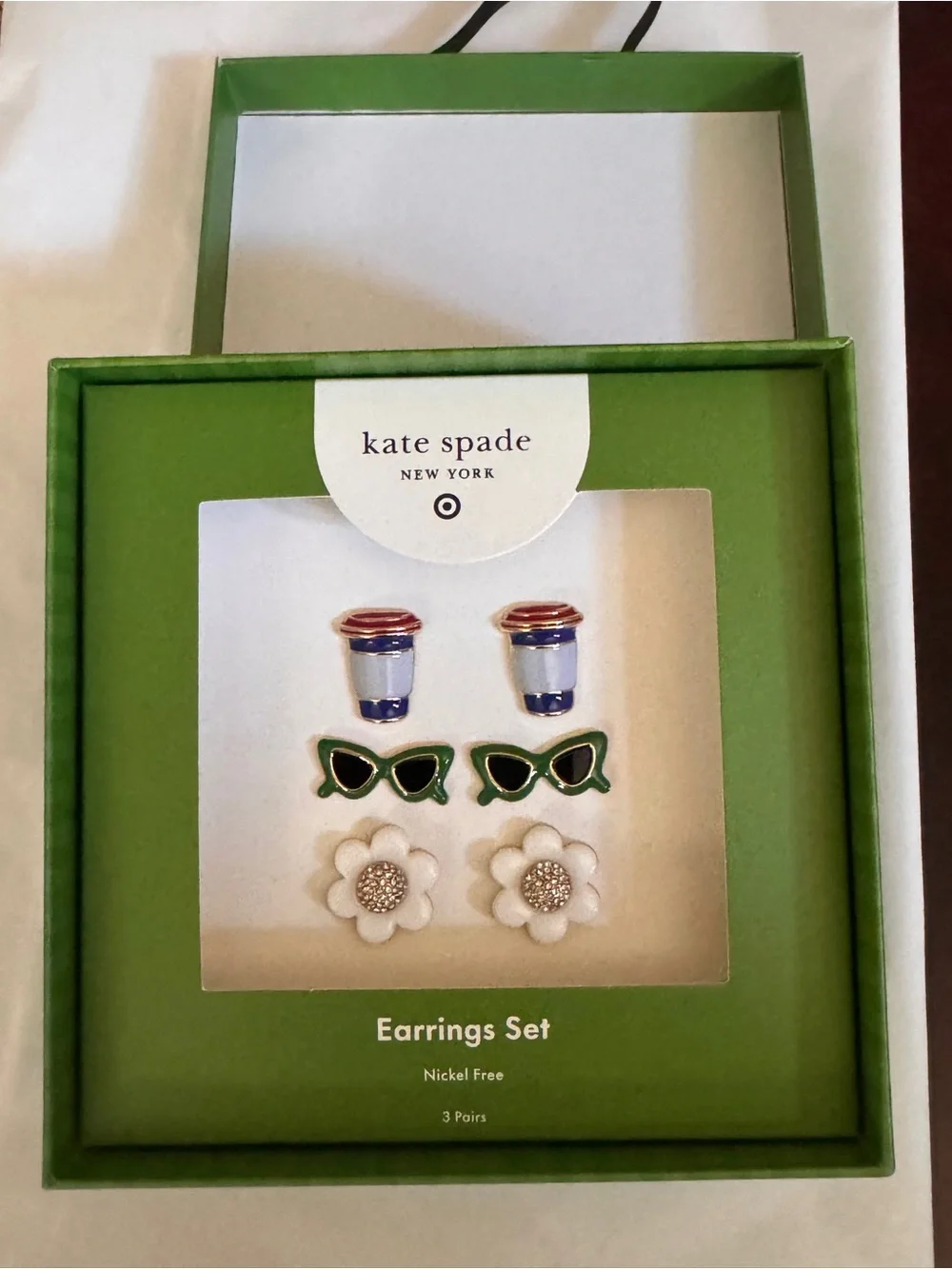 NIB kate spade Kids Multi-Color Earrings Set with Green Sunglasses